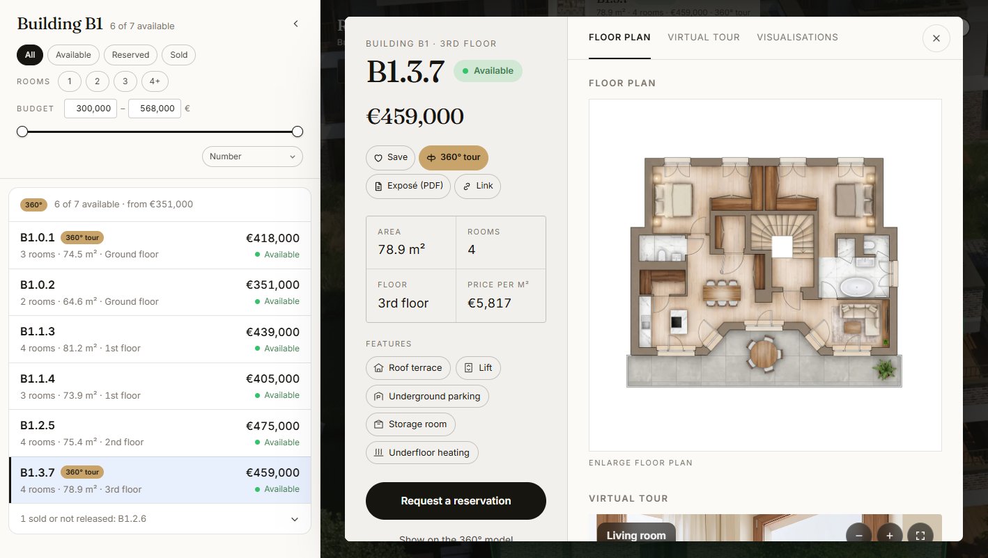 The card of apartment B1.3.7 with its floor plan, price and features