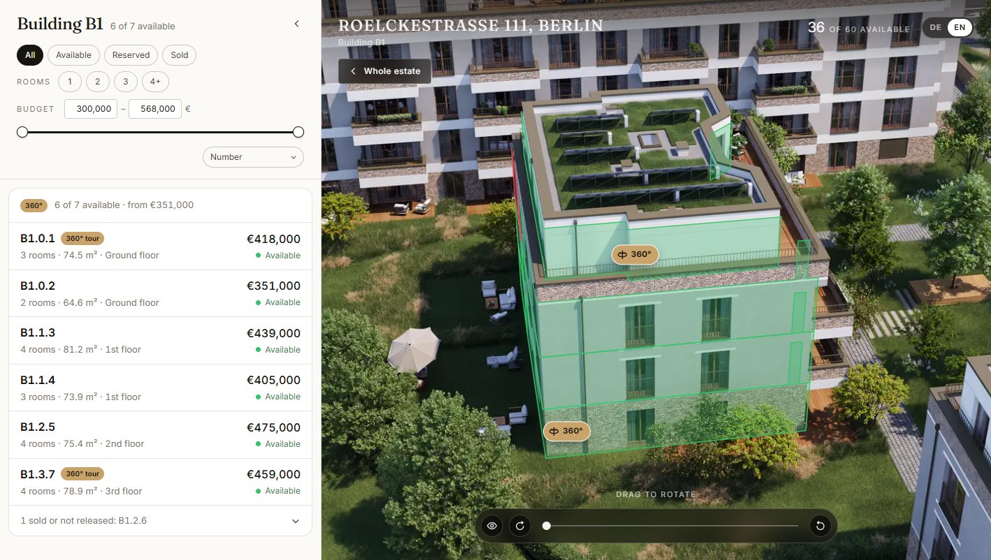 The close-up of building B1 with one apartment highlighted and 360° pins
