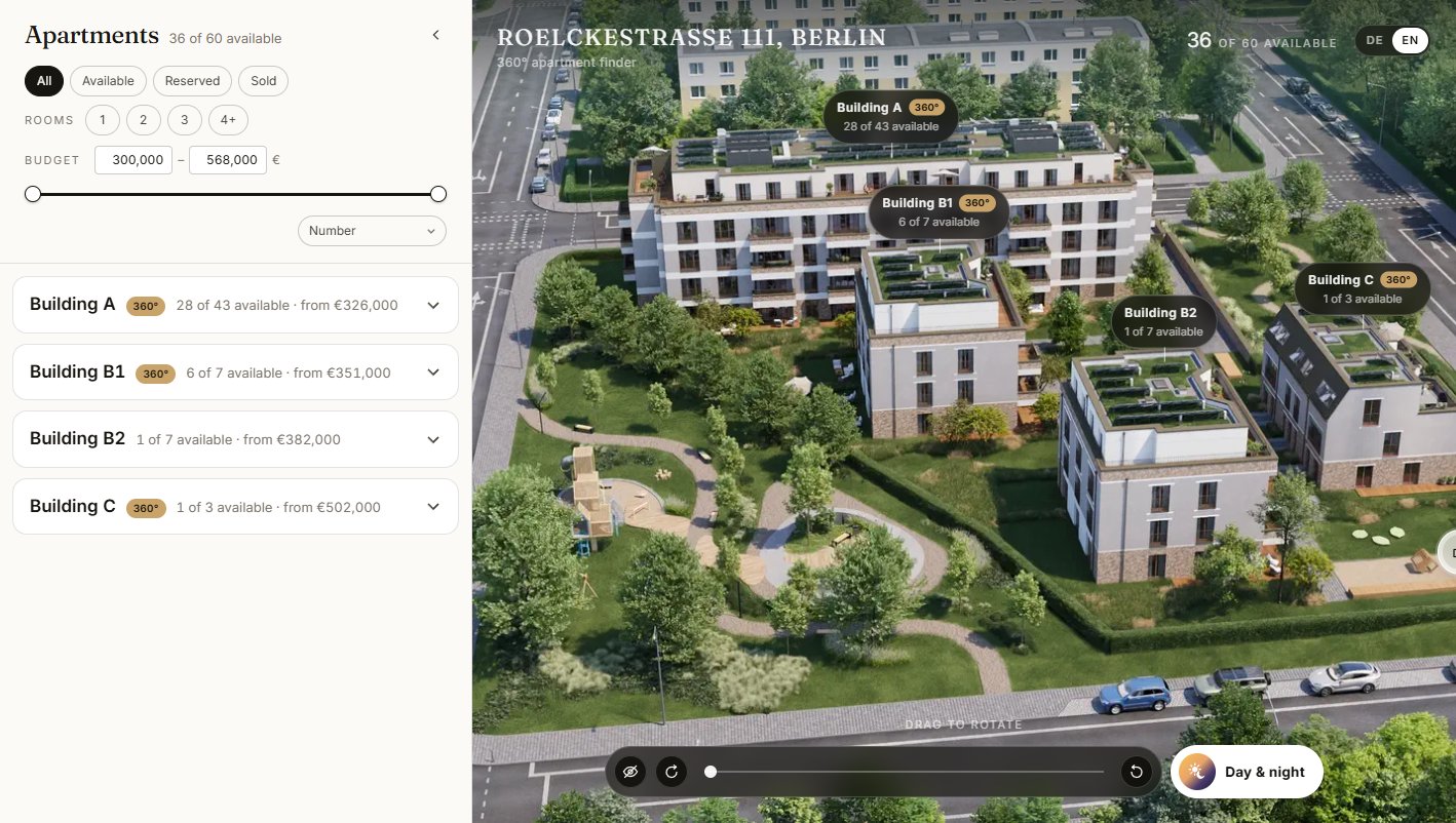 The aerial view of the development with the building labels and the apartment list