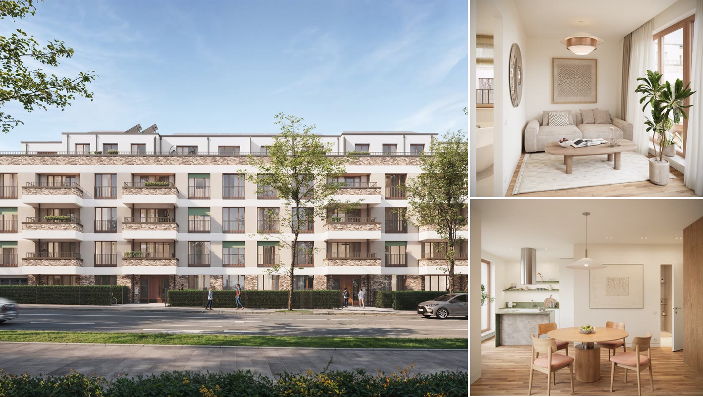 An exterior visualisation of the street front beside two interiors of apartment B1.3.7