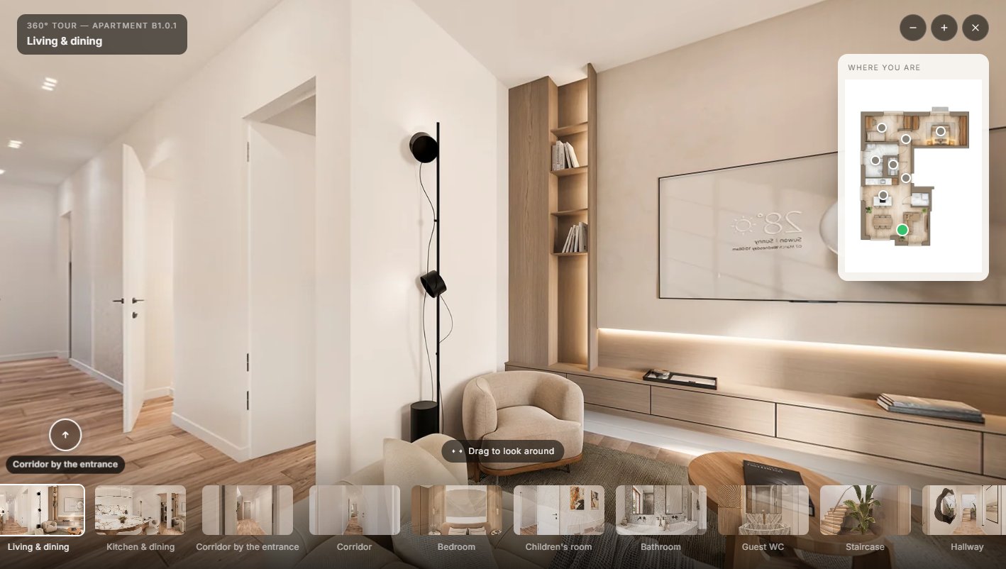 A 360° walk through apartment B1.0.1 with the room strip and the floor plan